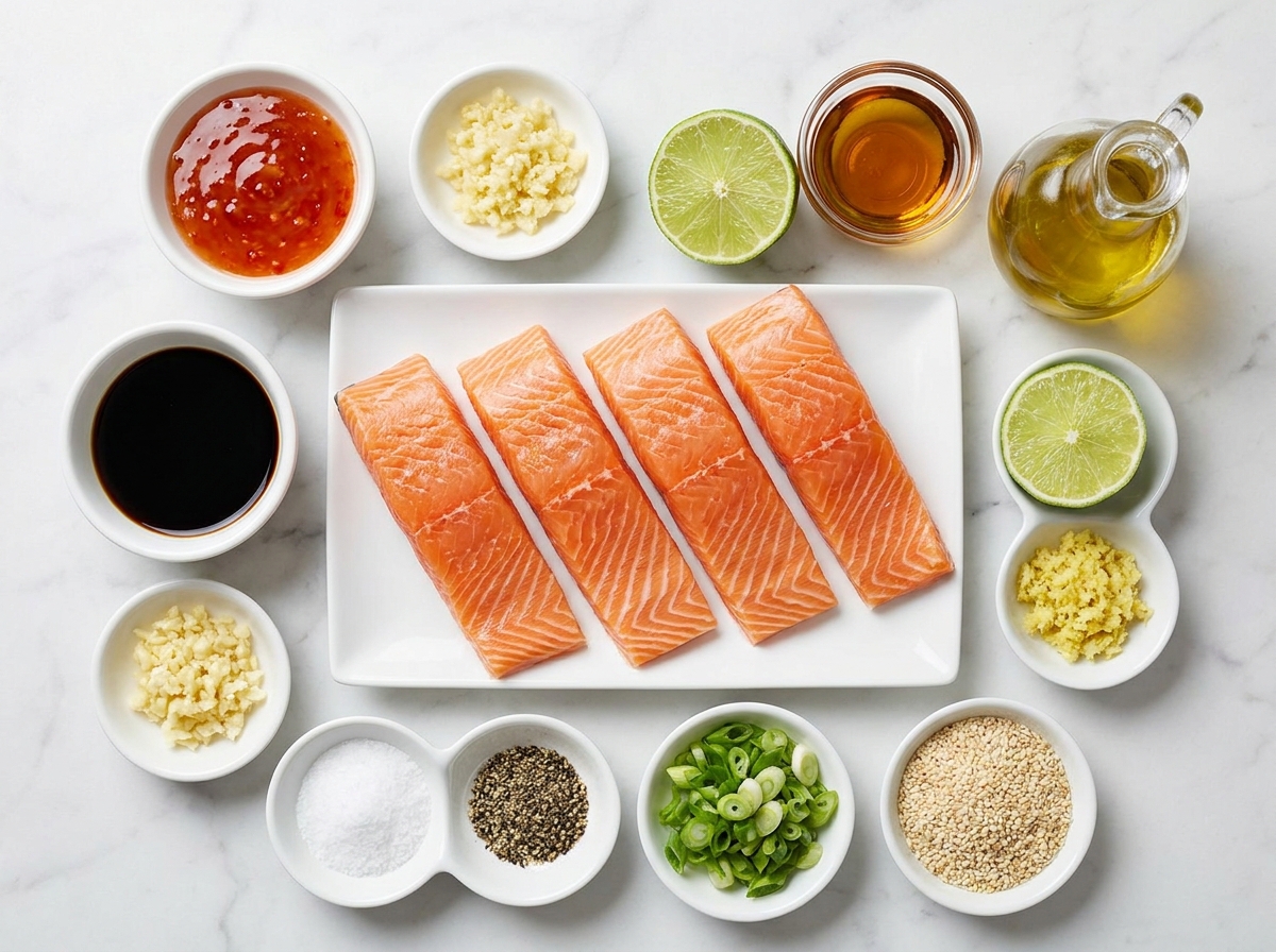 Ingredients for sweet chili glazed salmon with lime, garlic, and ginger