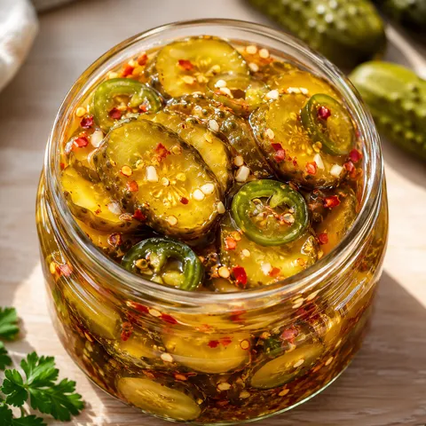Glass jar of sweet heat pickles with jalapeños, garlic and red pepper flakes in glossy brine