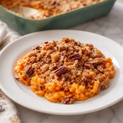 Sweet potato casserole with golden pecan streusel on a white plate