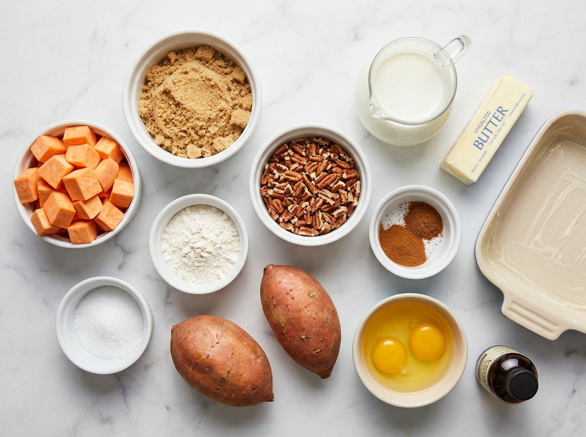 Sweet potatoes, pecans, brown sugar, butter, eggs, milk, and spices