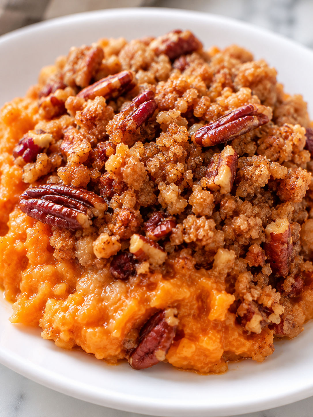 Easy Sweet Potato Casserole with Pecan Streusel, plated and served
