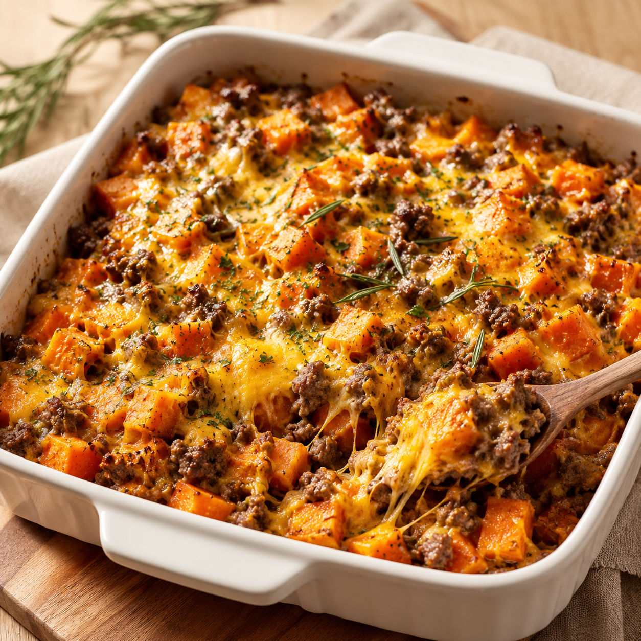 Cheesy sweet potato ground beef casserole with melted cheddar and rosemary