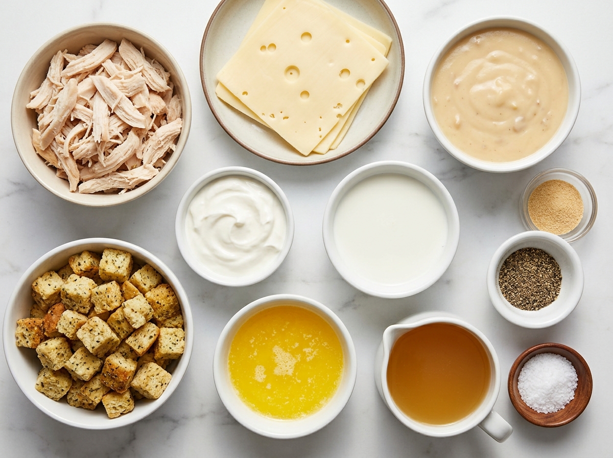 Ingredients for Swiss chicken casserole with stuffing, cheese, and creamy sauce