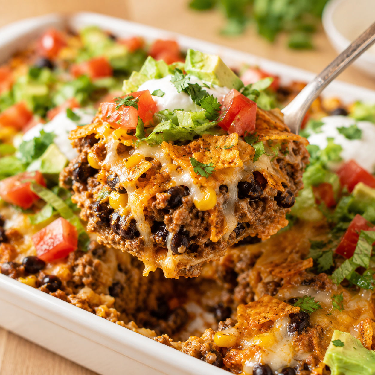 Doritos taco casserole with beef, melted cheese, tomatoes, and cilantro