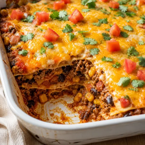 Baked taco casserole with melted cheese, corn tortillas, and cilantro in a white dish