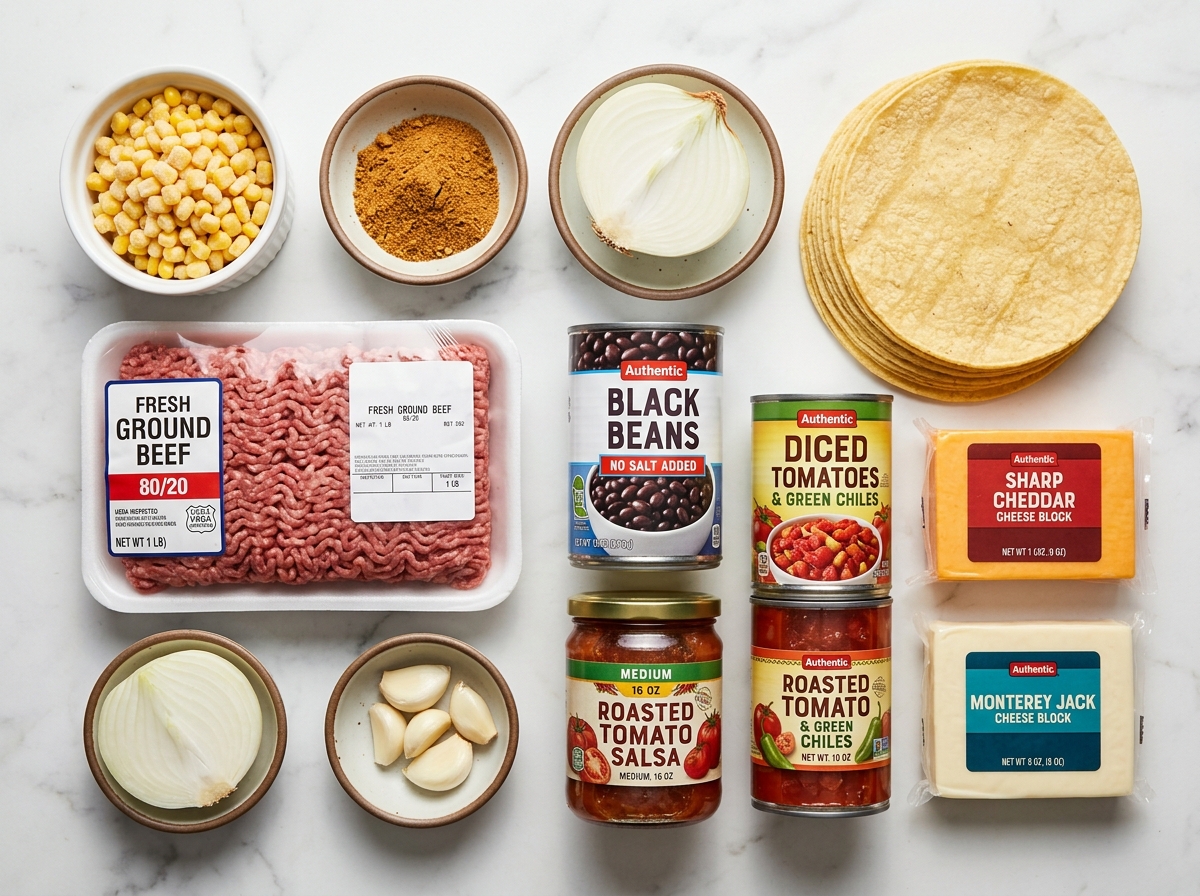 Raw ingredients for taco casserole including ground beef, corn tortillas, beans, and cheese