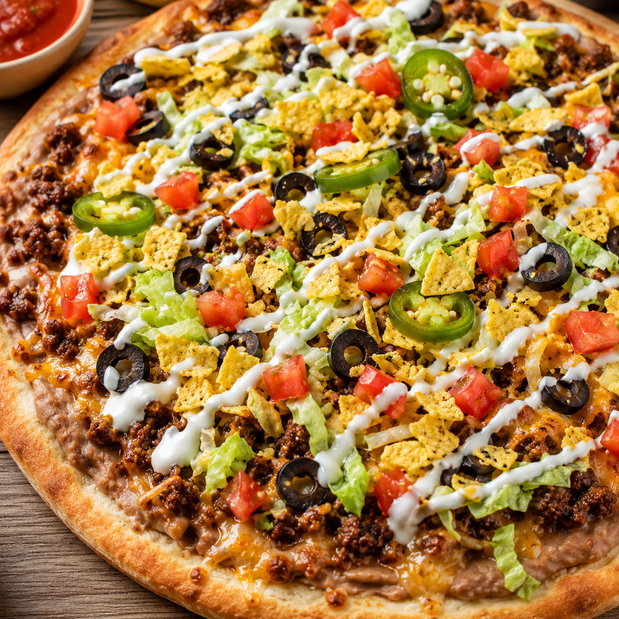 Easy Taco Pizza with beef, lettuce, tomatoes, chips, and sour cream