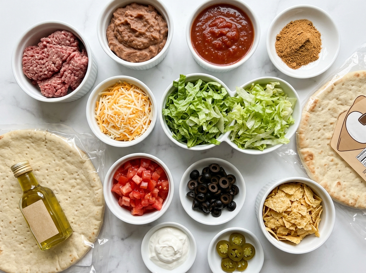 Ingredients for taco pizza with beef, beans, cheese, lettuce, and chips