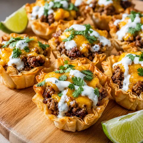 Golden phyllo taco ranch bites topped with melted cheddar and ranch on a wooden board
