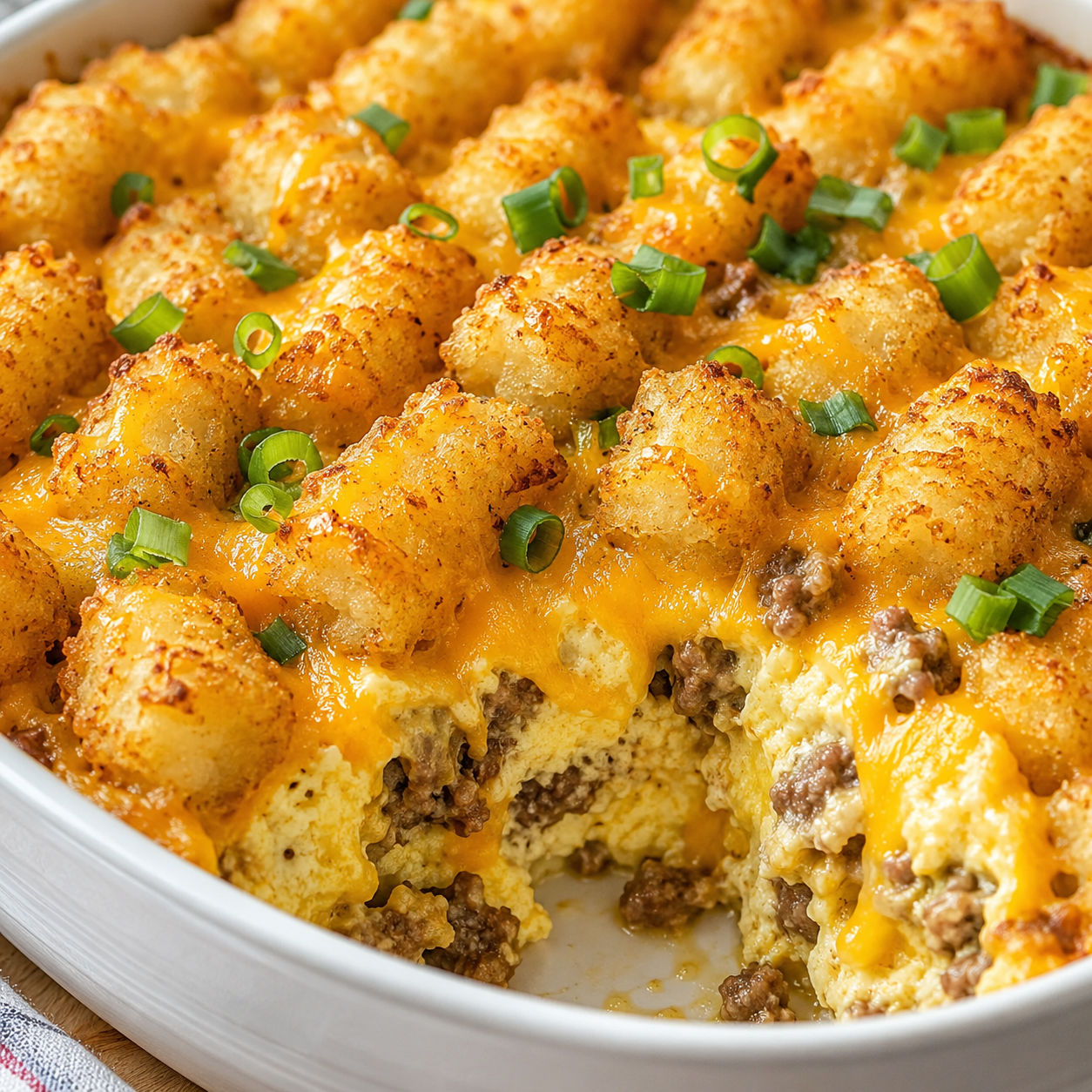 Baked tater tot breakfast casserole with sausage, eggs, and melted cheddar