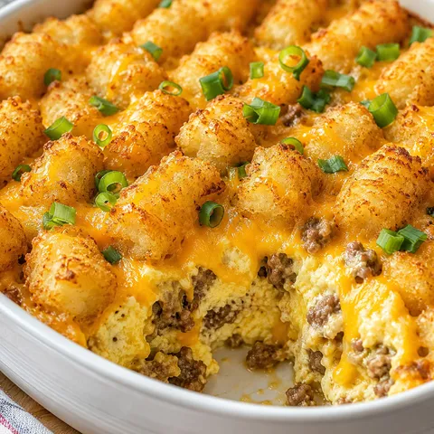 Baked tater tot breakfast casserole with sausage, eggs, and melted cheddar