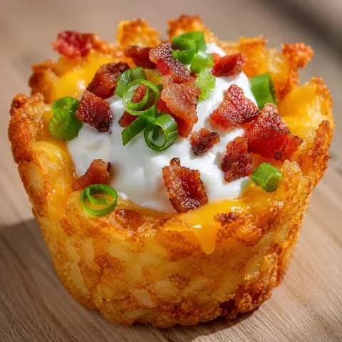 Loaded tater tot cup with melted cheddar, bacon, sour cream, and green onion