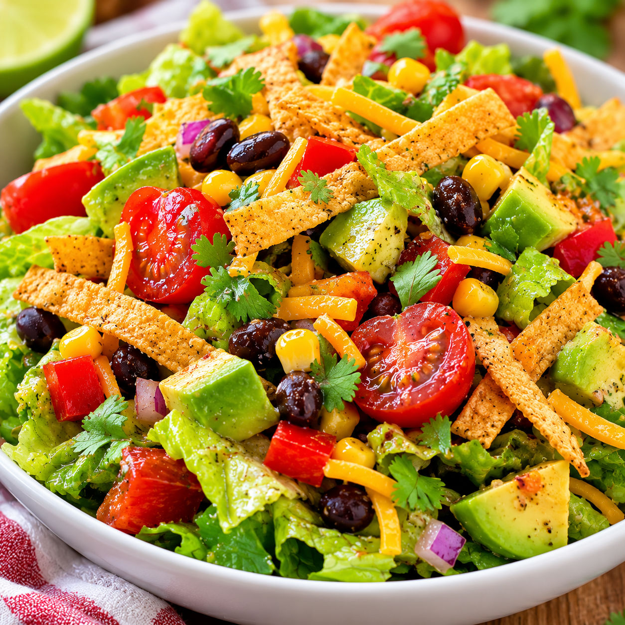 Easy Tex-Mex salad with romaine, beans, corn, avocado, and tortilla strips in a bowl