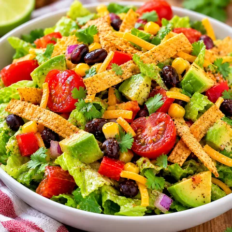 Easy Tex-Mex salad with romaine, beans, corn, avocado, and tortilla strips in a bowl