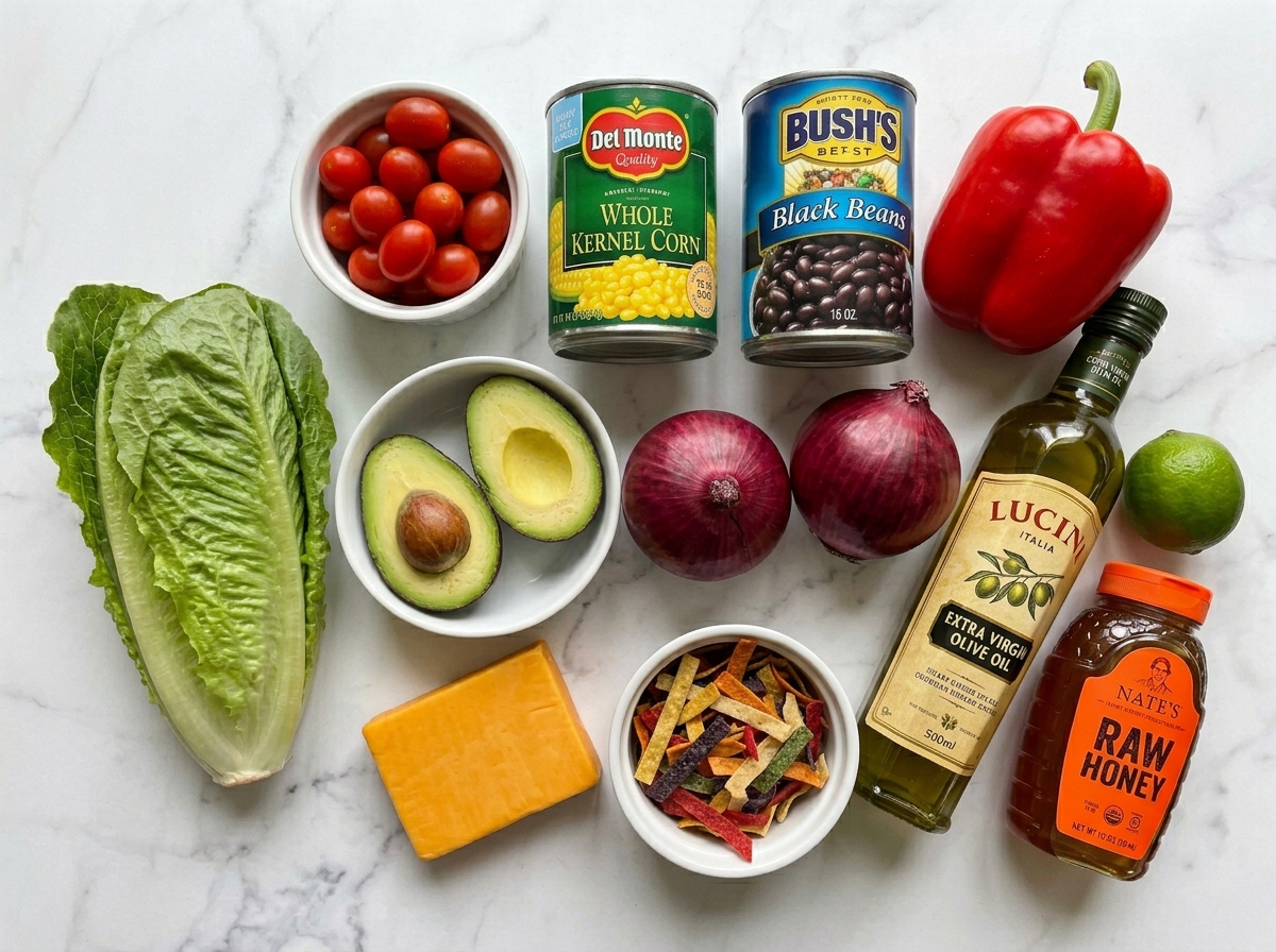 Raw ingredients for easy Tex-Mex salad on a light surface