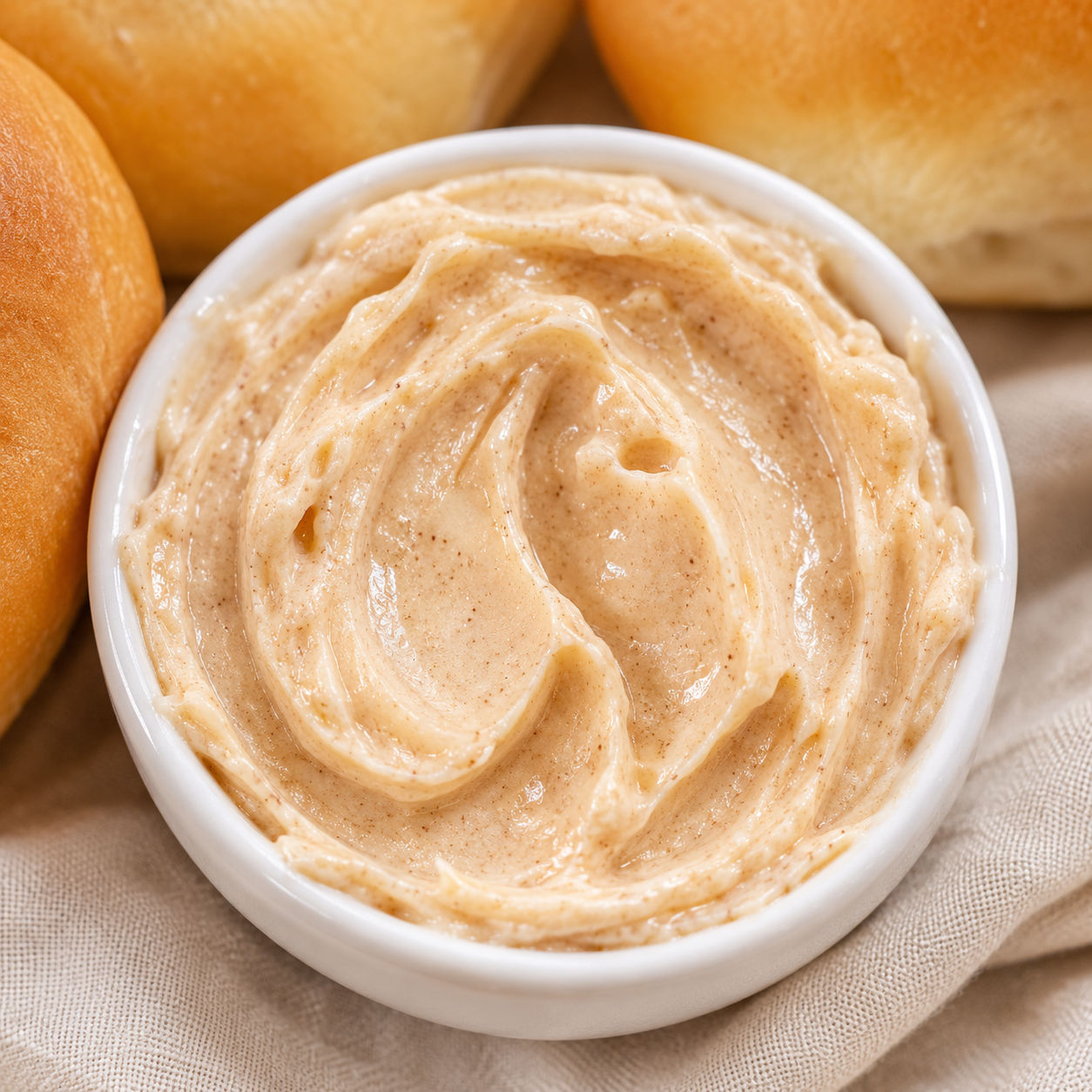 Cinnamon honey butter in a white crock with warm dinner rolls