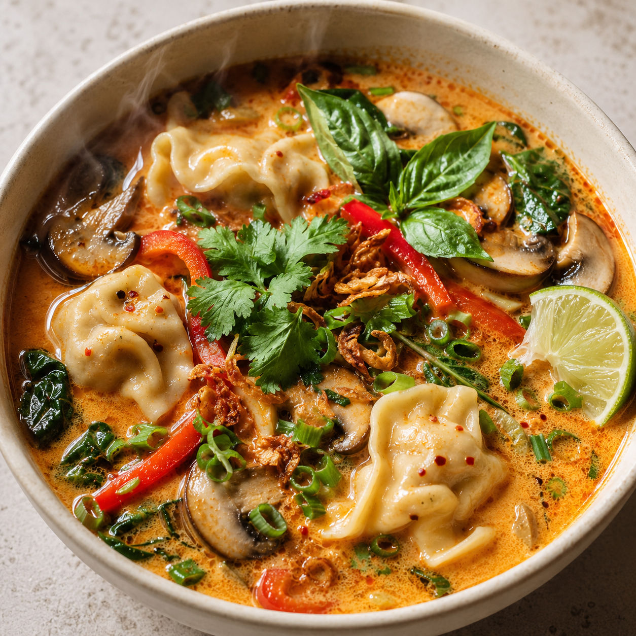 Thai red curry dumpling soup with herbs, lime, and crispy shallots