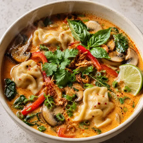 Thai red curry dumpling soup with herbs, lime, and crispy shallots