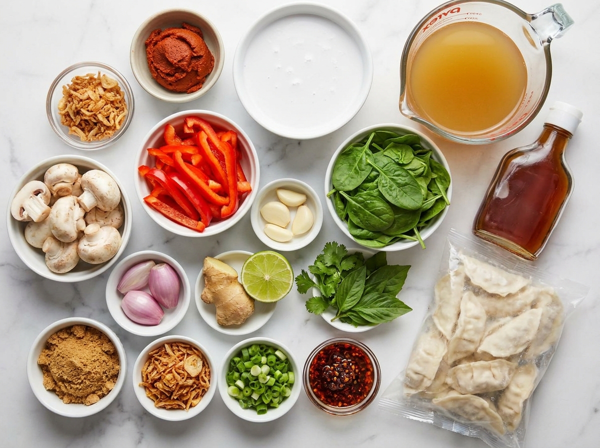 Ingredients for Thai red curry dumpling soup on a wood surface