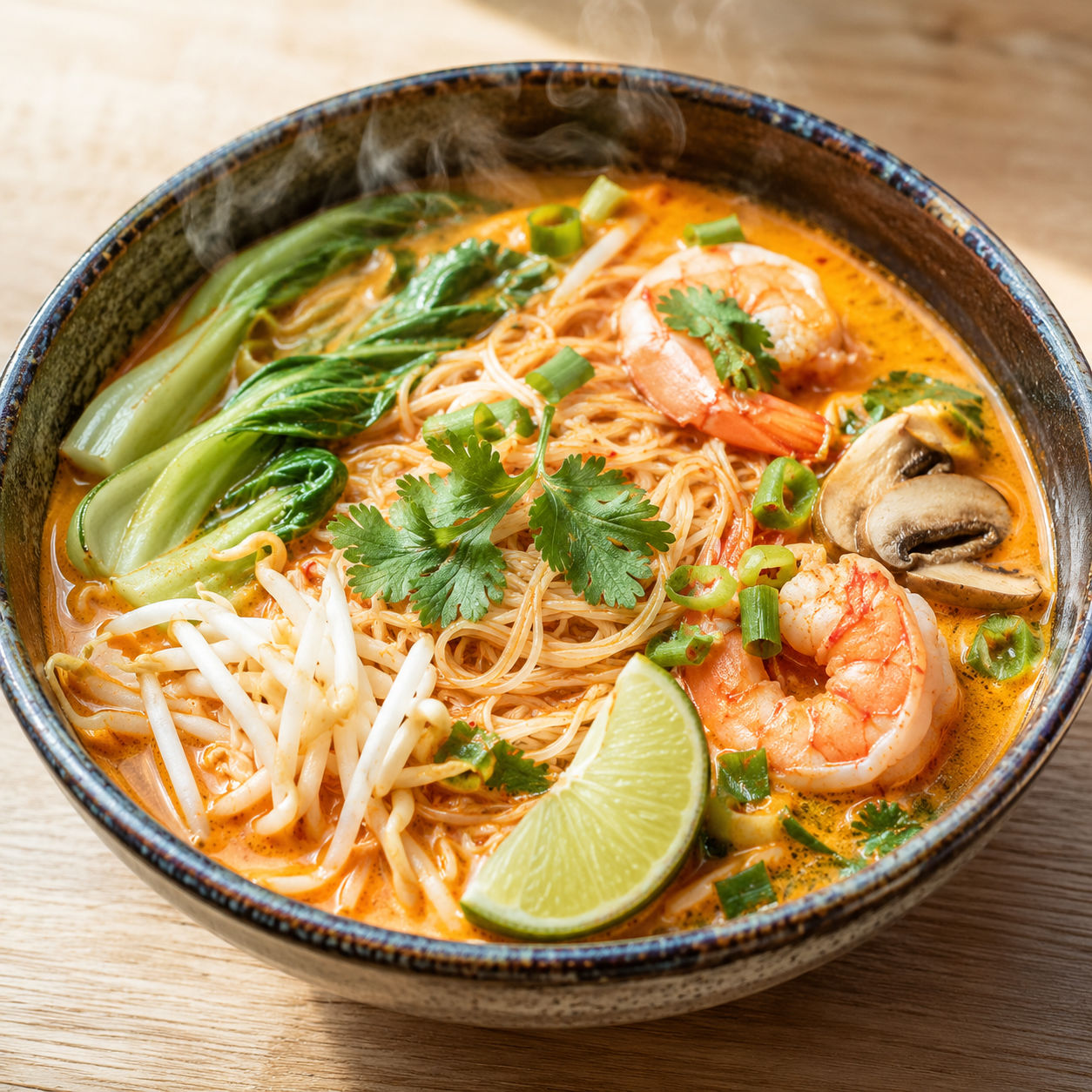 Thai red curry noodle soup with shrimp, bok choy, cilantro, and lime