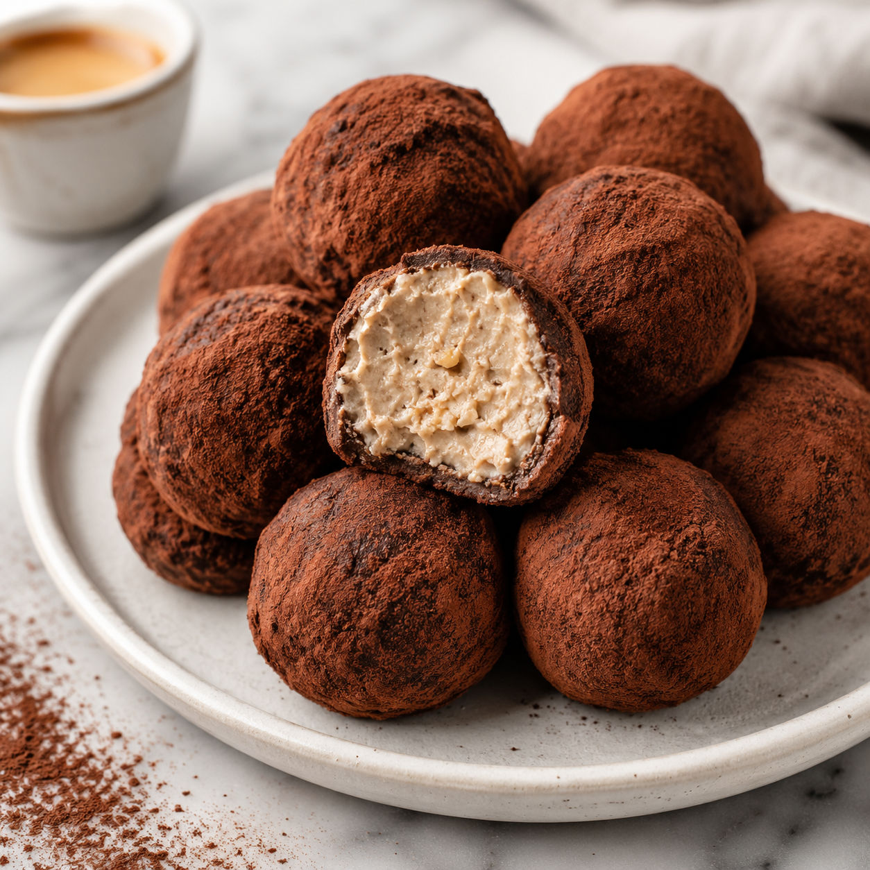 Cocoa-dusted tiramisu truffles with creamy coffee mascarpone centers