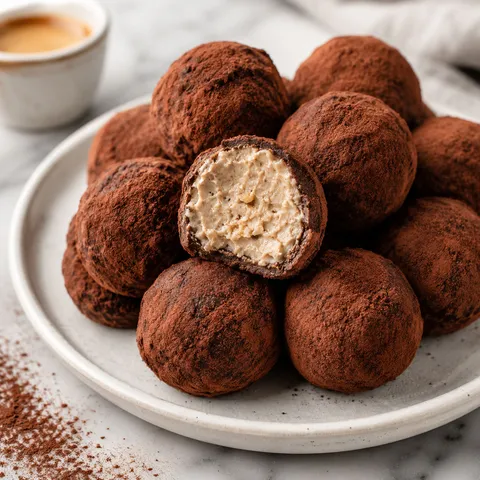 Cocoa-dusted tiramisu truffles with creamy coffee mascarpone centers