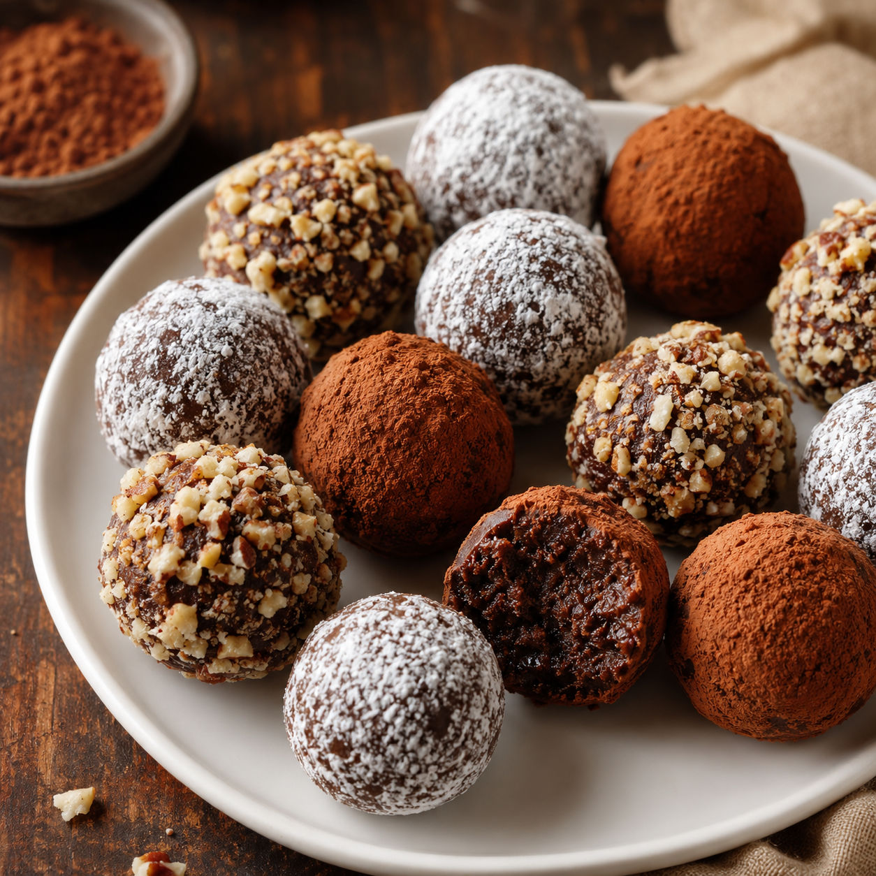 Traditional rum balls with cocoa, powdered sugar, and pecan coatings