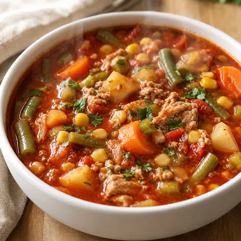 Bowl of turkey vegetable soup with potatoes, carrots, corn, and parsley
