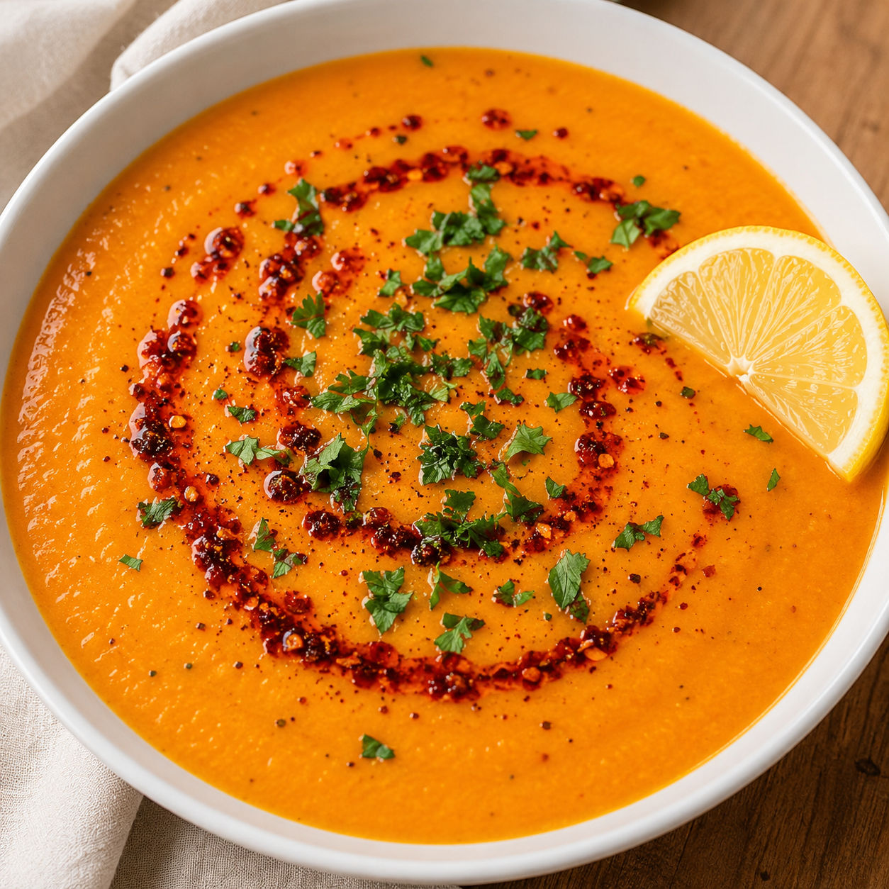 Turkish red lentil soup with chili oil, parsley, and lemon