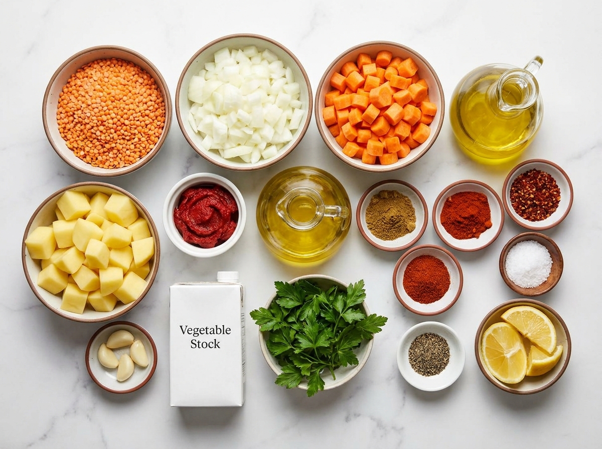Ingredients for Turkish red lentil soup with lentils, vegetables, spices, and lemon