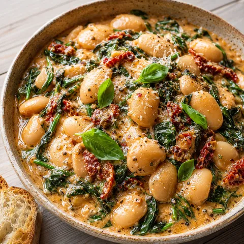 Creamy Tuscan butter beans with spinach and sun-dried tomatoes in a rustic bowl