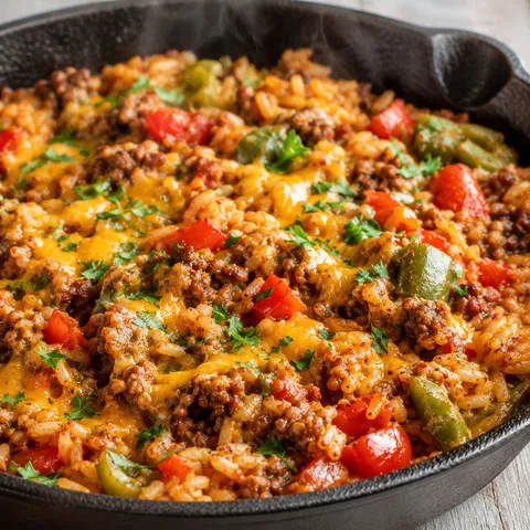 Unstuffed pepper skillet with ground beef, rice, and melted cheese in a cast iron pan