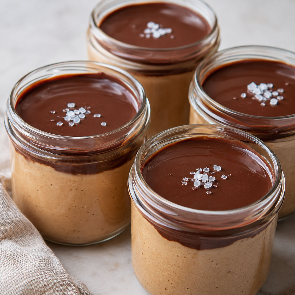 Vegan peanut butter mousse jars topped with dark chocolate ganache and sea salt