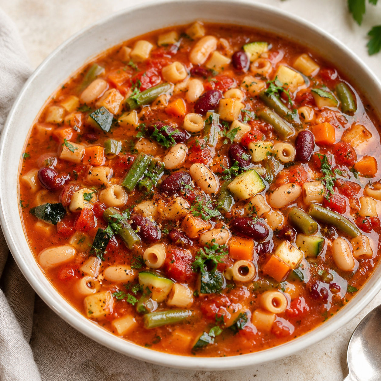 Vegetarian minestrone soup with beans, pasta, zucchini, and parsley