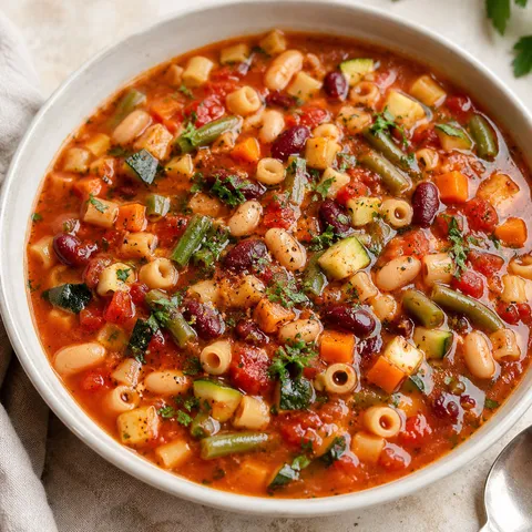 Vegetarian minestrone soup with beans, pasta, zucchini, and parsley