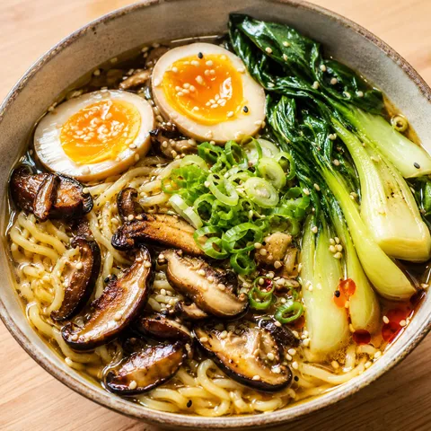 Vegetarian mushroom ramen with bok choy, jammy eggs, scallions, and sesame