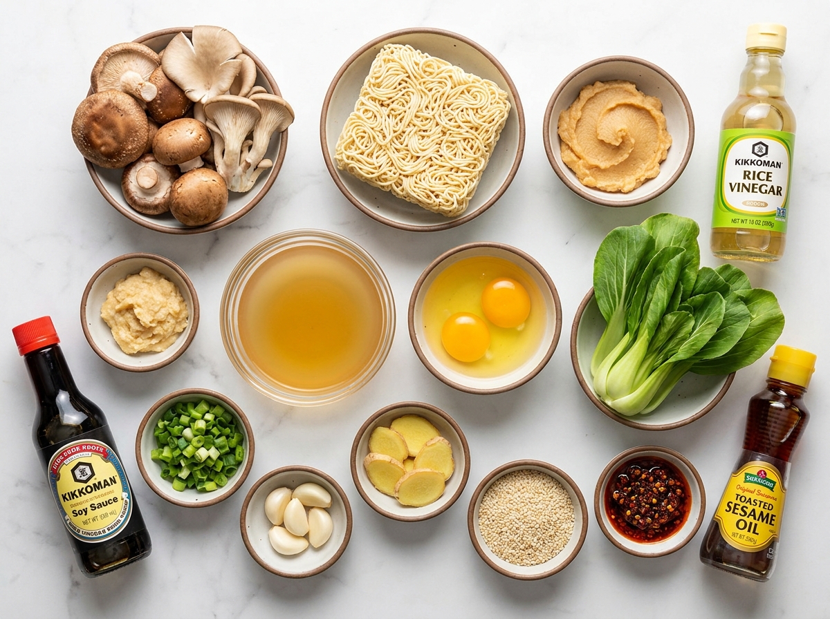 Ingredients for vegetarian mushroom ramen with noodles, mushrooms, miso, and eggs