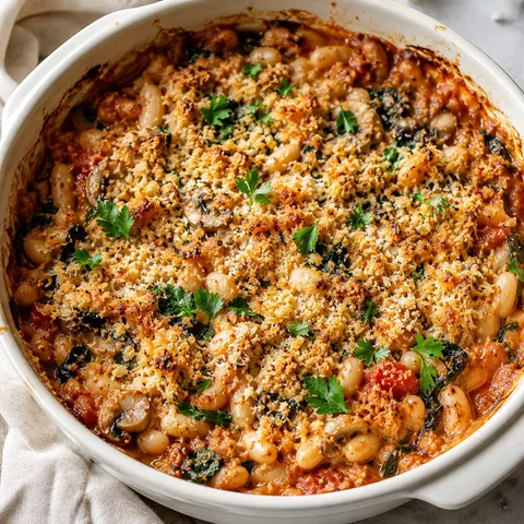 Vegetarian white bean casserole with golden crumbs and parsley
