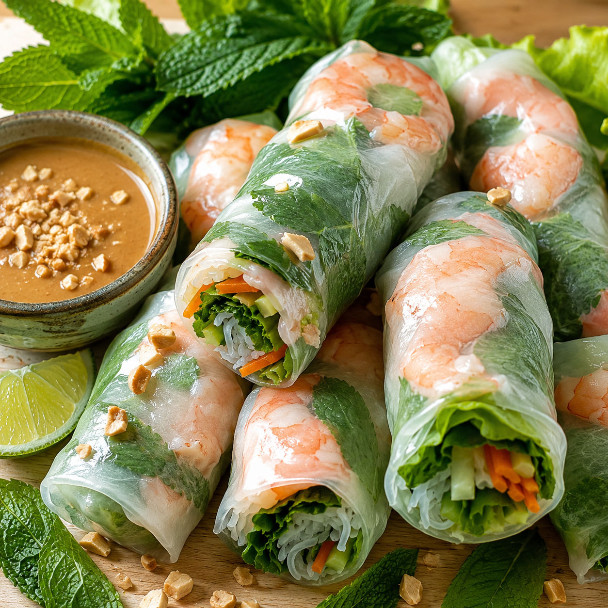 Vietnamese rice paper rolls with shrimp, herbs, and peanut sauce