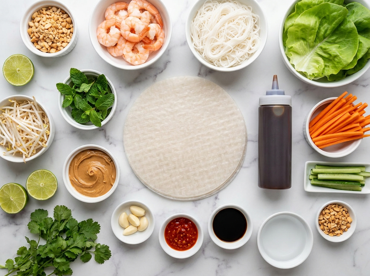 Ingredients for Vietnamese rice paper rolls with peanut sauce