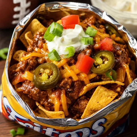 Walking Frito pie in an opened chip bag with chili, cheddar, and sour cream