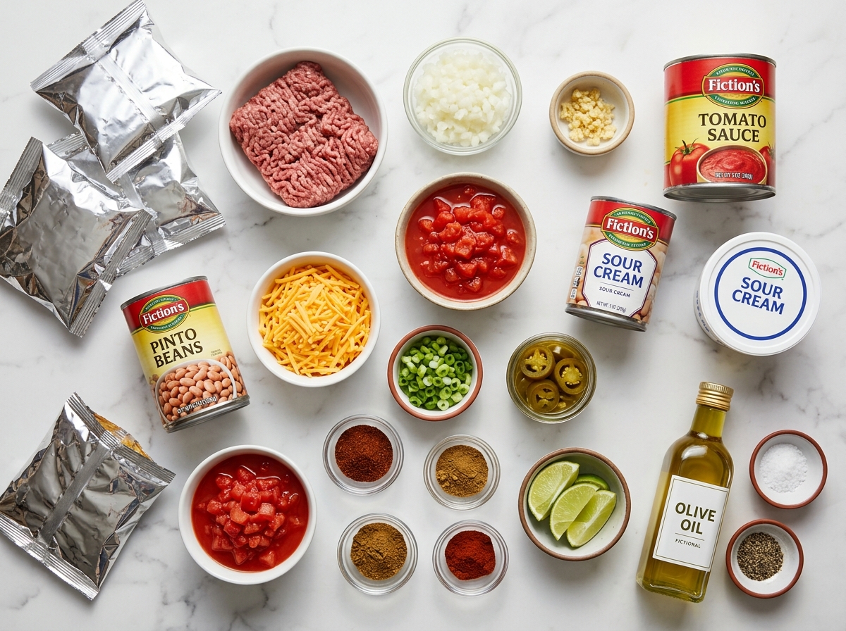 Ingredients for walking Frito pie with beef, corn chips, cheese, and toppings