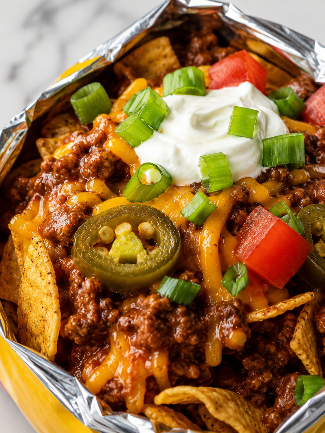 Easy Walking Frito Pie, plated and served