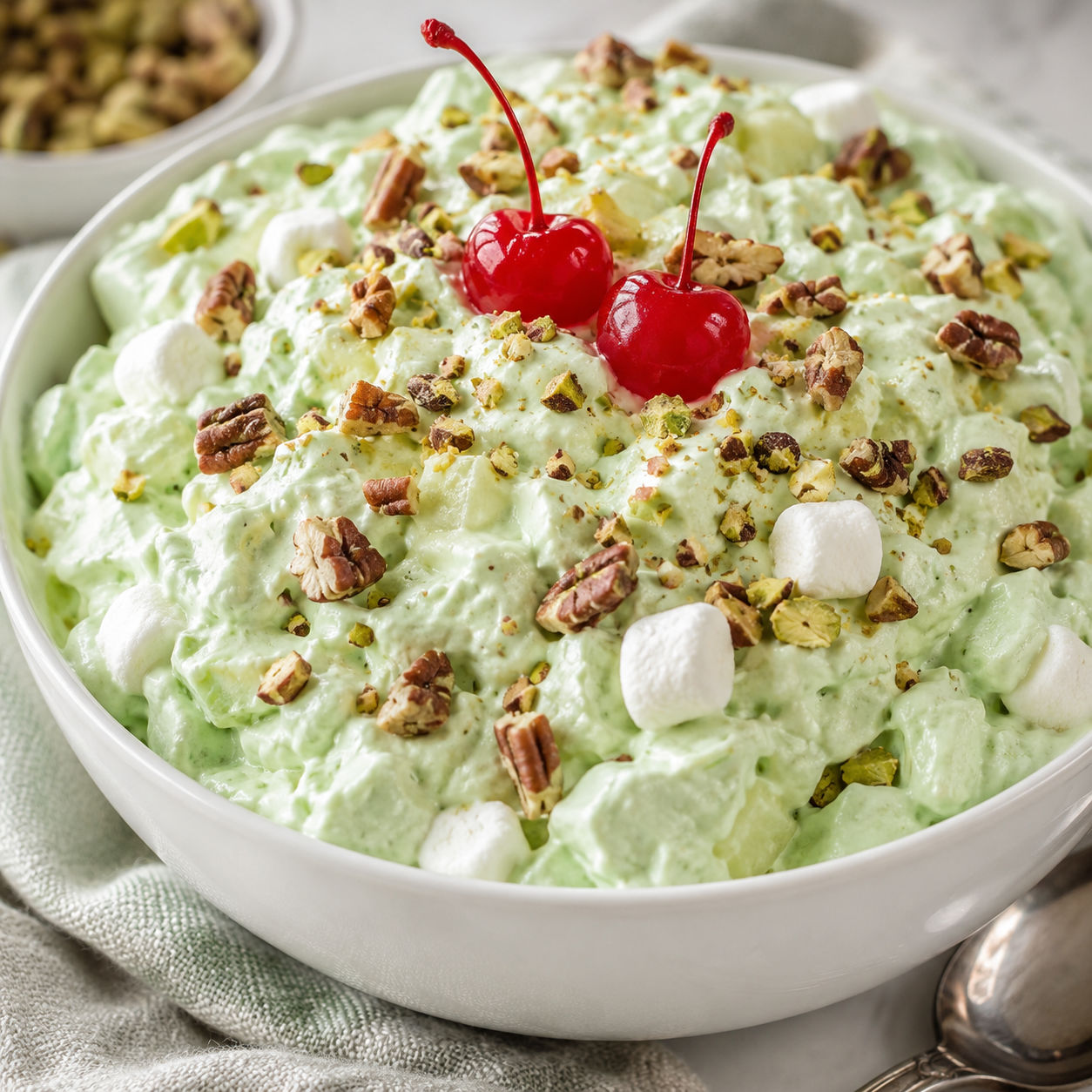 Easy Watergate Salad with pecans and cherries in a white bowl
