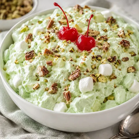 Easy Watergate Salad with pecans and cherries in a white bowl