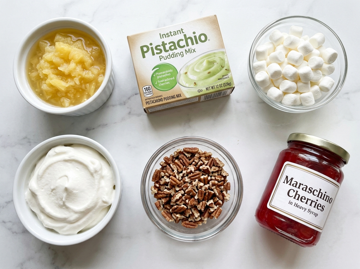 Ingredients for Easy Watergate Salad with pineapple, pudding, marshmallows, and pecans