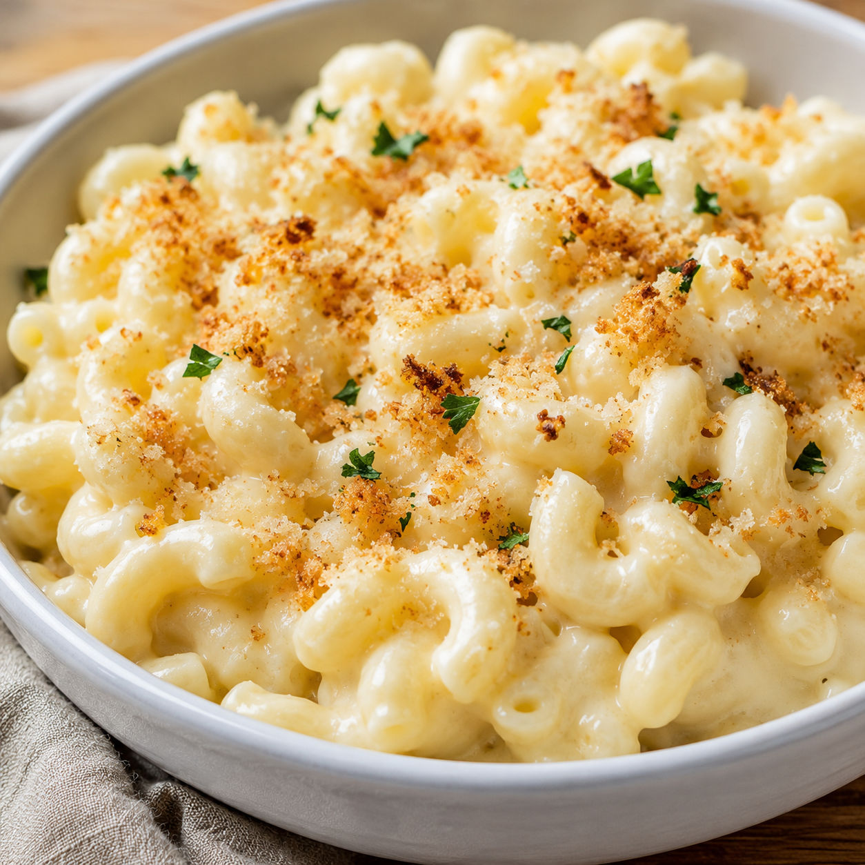 White cheddar mac and cheese with panko crumbs and parsley