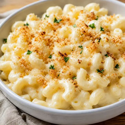 White cheddar mac and cheese with panko crumbs and parsley