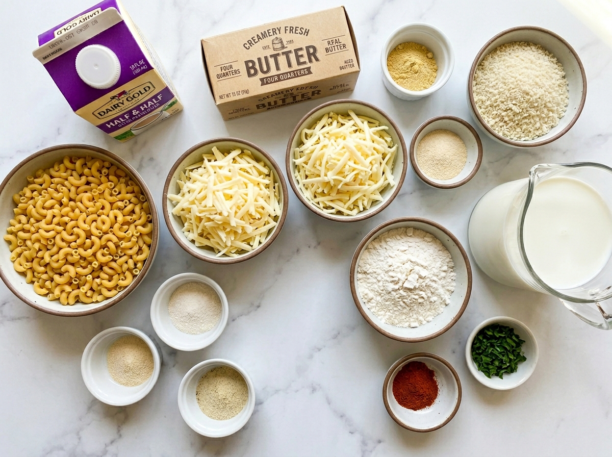 Ingredients for white cheddar mac and cheese on a wooden counter