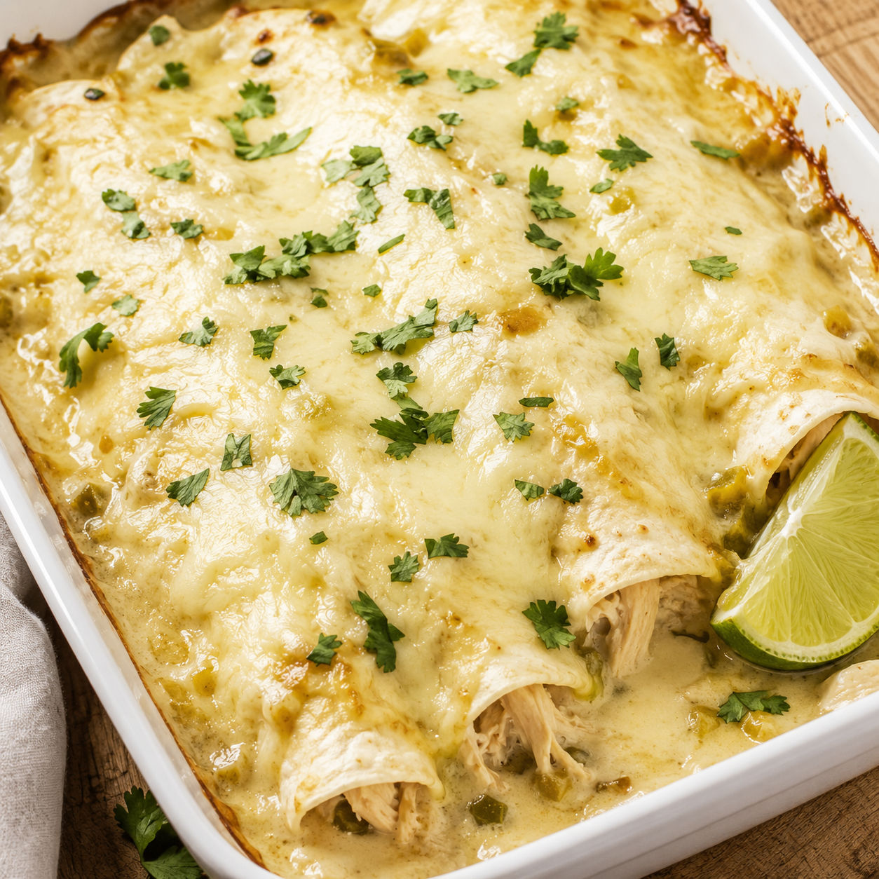White chicken enchiladas with creamy green chile sauce and cilantro